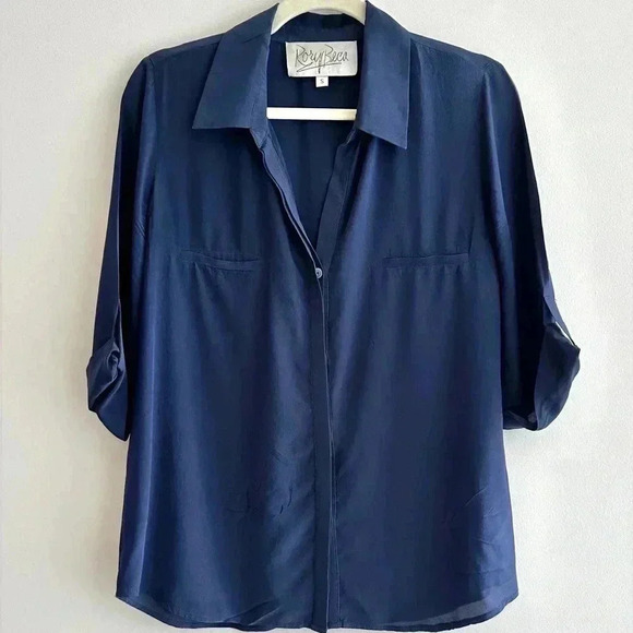 Rory Beca 100% Silk Camp Double Breast Pocket Button Down Shirt, Navy Blue - Picture 1 of 16